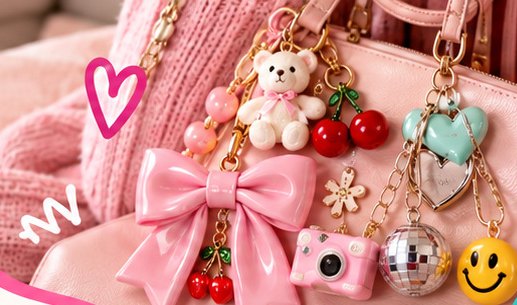 Bolsa rosa com vários charms: laço, ursinho, cerejas, câmera, globo espelhado e smile