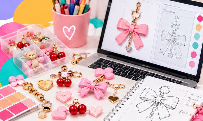 Mesa de criação com charms de laço e cereja, paleta de cores e o desenho técnico de um chaveiro no notebook